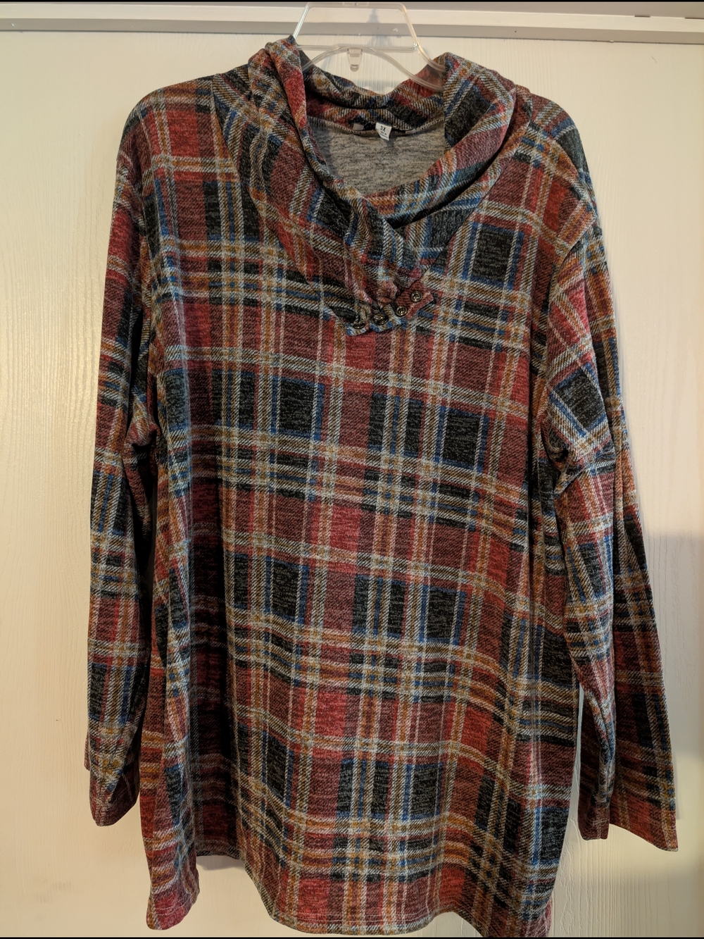 Southern Lady Red Multi Plaid Cowl Neck Sweater